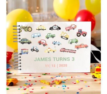 Personalised Colourful Watercolor Cars Birthday Guest Book with Different Page Options