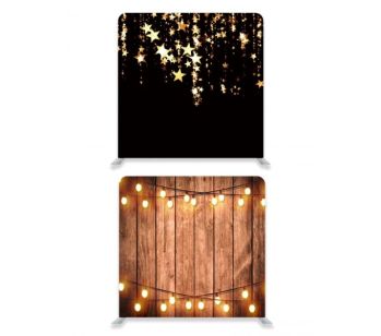 8ft*7.5ft Rustic Wood with Fairy Lights and Black with Gold Falling Stars Backdrop, With or Without Tension Frame
