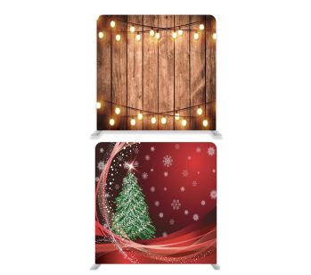 8ft*8ft Rustic Wood with Fairy Lights And Red Snowy Green Xmas Tree Backdrop, With or Without Tension Frame
