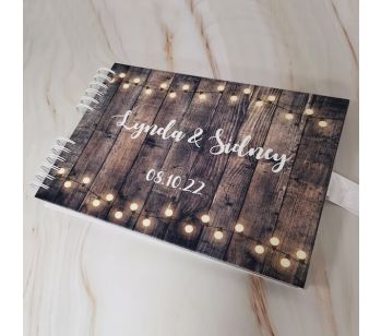 Personalised Dark Rustic Wooden Warming Fairy Lights Guestbook with Different Page Style Options