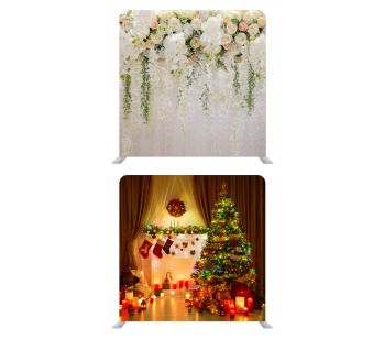 8ft*8ft Pastel Flowers Foliages and Warm Festive Fireplace Xmas Backdrop