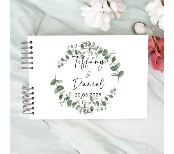 Personalised Green Rustic Eucalyptus Foliage Wedding Guest Book with Different Page Options