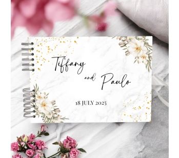 Personalised White Flower and Gold Glitter Wedding Guest Book with Different Page Options