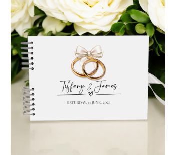 Personalised White Ribbon and Golden Ring Wedding Guest Book with Different Page Options