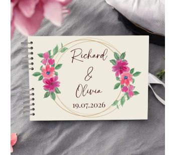 Personalised Ivory Pink Floral Gold Frame Wedding Guest Book with Different Page Options