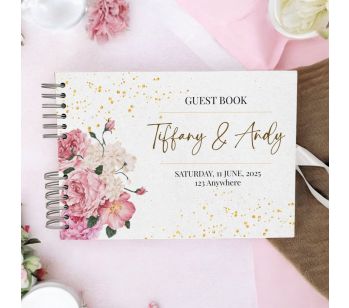 Personalised Gold Glitter Pink White Flowers Wedding Guest Book with Different Page Options