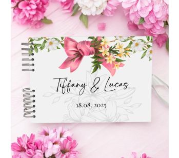 Personalised Pink Ribbon & White Magnolia Wedding Guest Book with Different Page Options