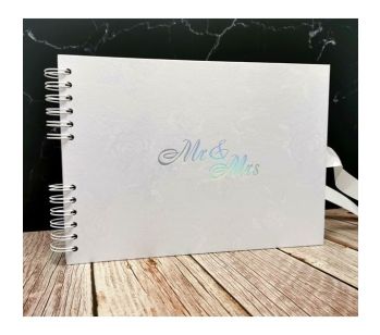 Good Size, White Rose Patterned Guestbook with Silver ‘Mr & Mrs' Message With 6x4 Landscape Slip-in Pages 