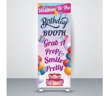 Pastel Pink & Purple Celebration Balloons ‘ Birthday Booth Smile Pretty’ Roller Banner