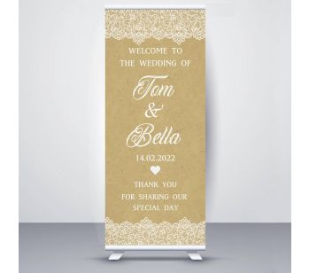 Personalised Retro Lace Design Wedding Roller Banner. 