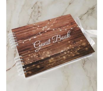 Good Size, Rustic Wood With Hanging Fairy Lights Guestbook With 6x2 Slip-in Pages
