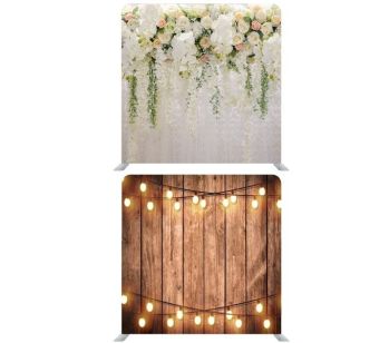 8ft*7.5ft Rustic Wood with Fairy Lights and Beautiful Pastel Flowers and Foliage Backdrop, With or Without Tension Frame
