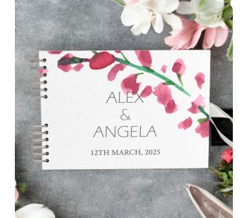 Personalised Pink Grey Watercolour Flowers Wedding Guest Book with Different Page Options- No. 185