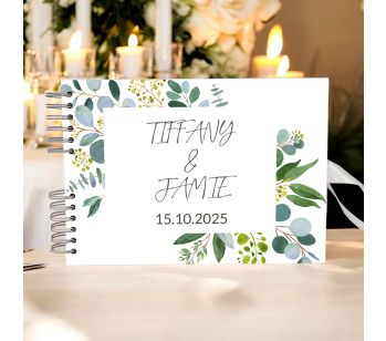 Personalised Green Boho Eucalyptus Foliage Wedding Guest Book with Different Page Options-No. 186