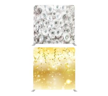  White Roses and Gold Glitter with Party Streamers Backdrop, With or Without Tension Frame