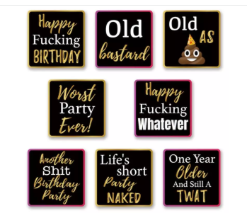 Pack of 4 Double Sided PVC Adult Edition ‘Bad Birthday’ Photo Booth Prop Signs